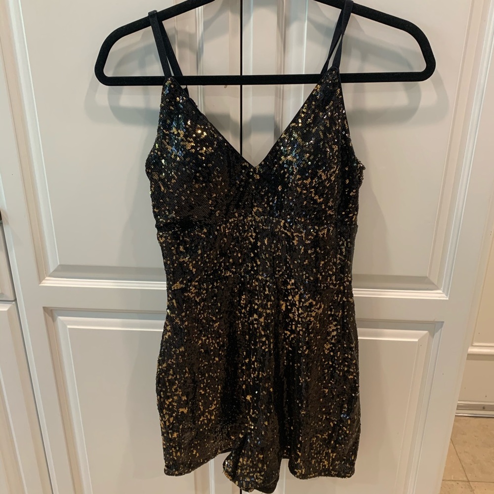 Black and gold sequence tank top romper